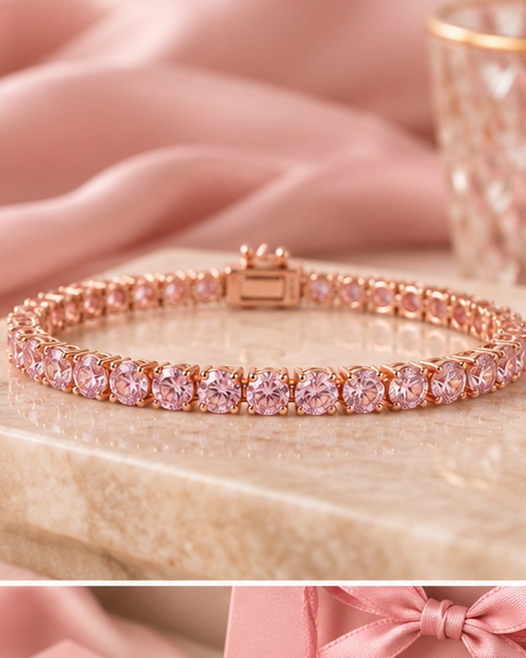 Fancy coloured crown-set lab-grown diamond tennis bracelet styled on blush satin