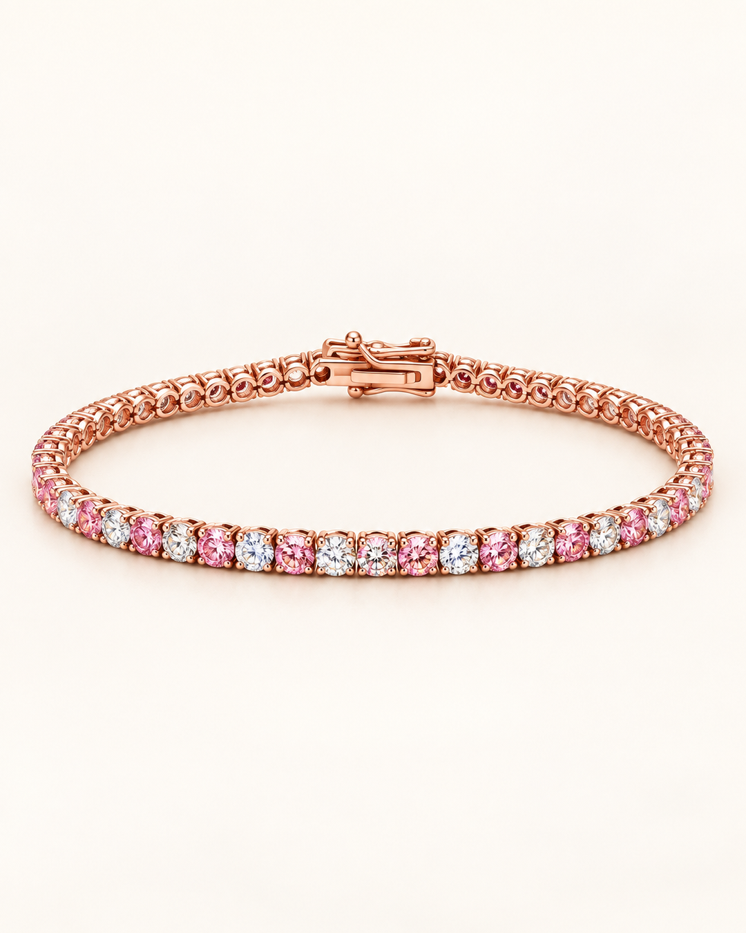 Fancy Coloured Lab-Grown Diamond Crown Tennis Bracelet in 18ct rose gold with alternating pink and white diamonds on cream background