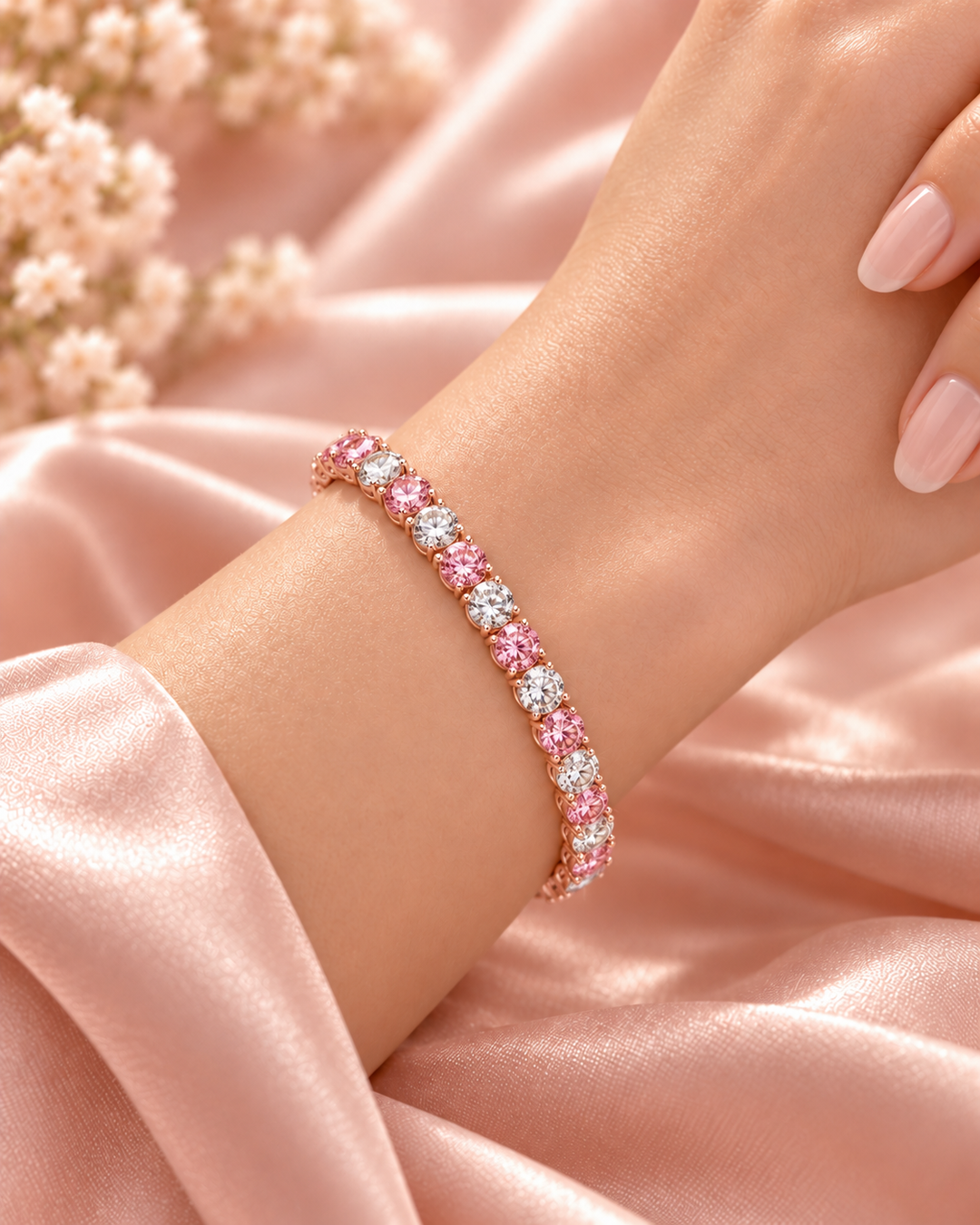 Fancy Coloured Lab-Grown Diamond Crown Tennis Bracelet in rose gold with alternating pink and white diamonds worn on wrist
