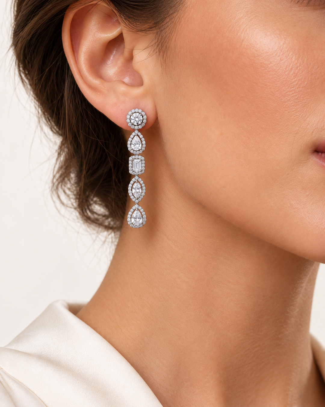 Lab-grown fancy-shape diamond drop earrings — illustrative model styling