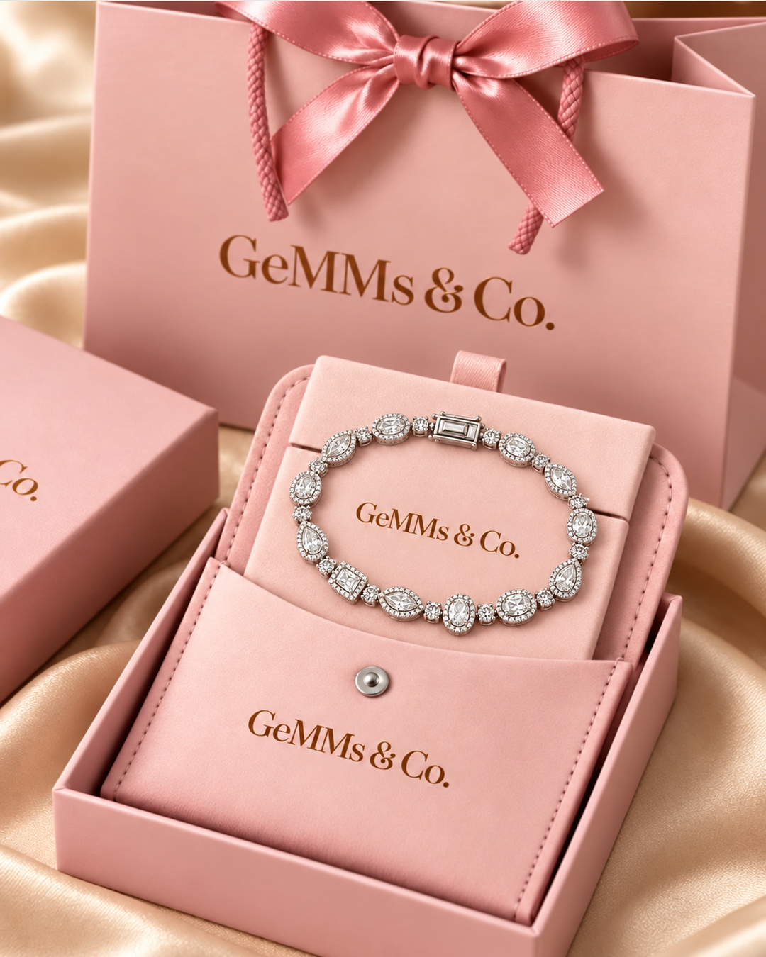 Fancy Shape Halo Lab-Grown Diamond Tennis Bracelet in original GeMMs & Co. blush pink luxury packaging