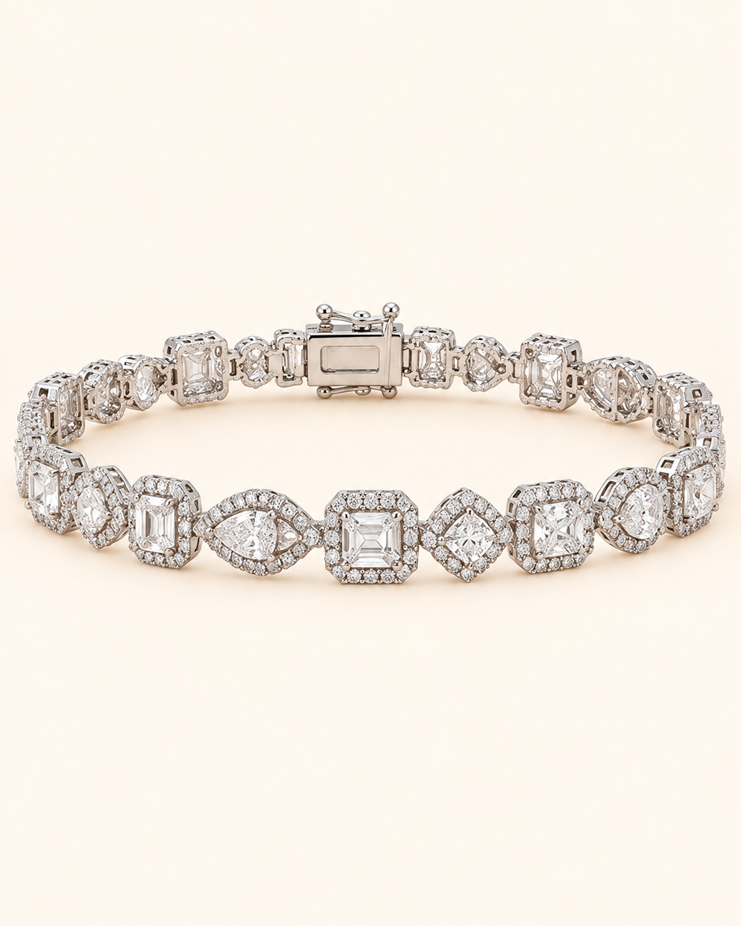 Fancy Shape Halo Lab-Grown Diamond Tennis Bracelet on full cream background