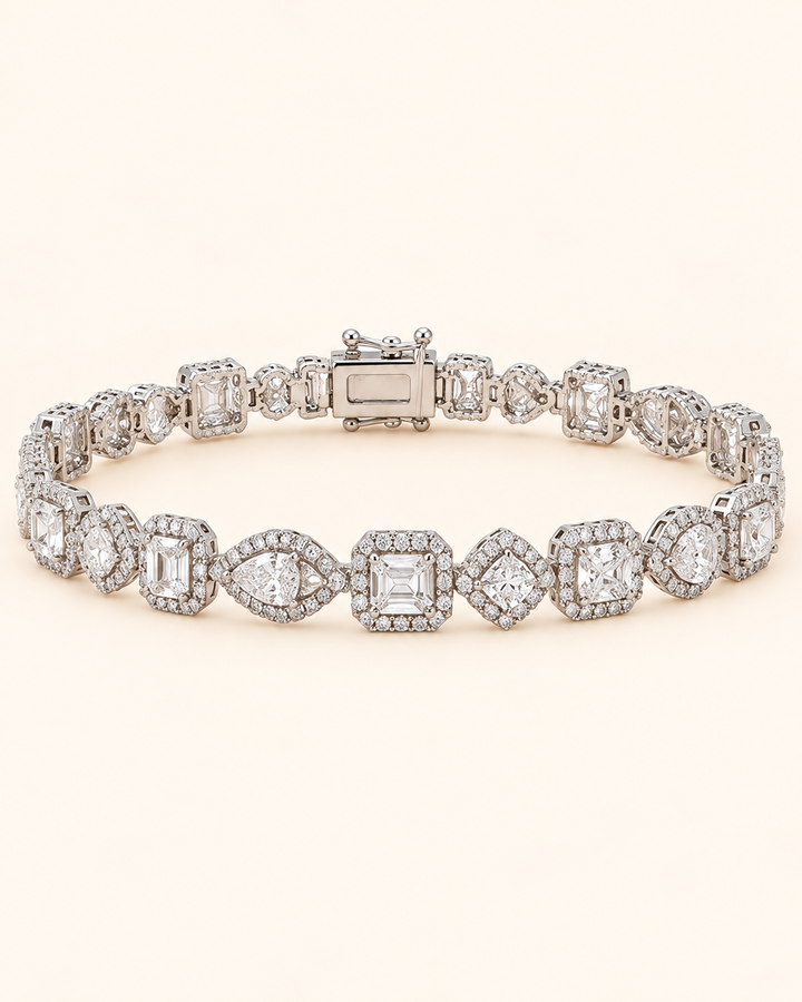 Fancy Shape Halo Lab-Grown Diamond Tennis Bracelet on full cream background