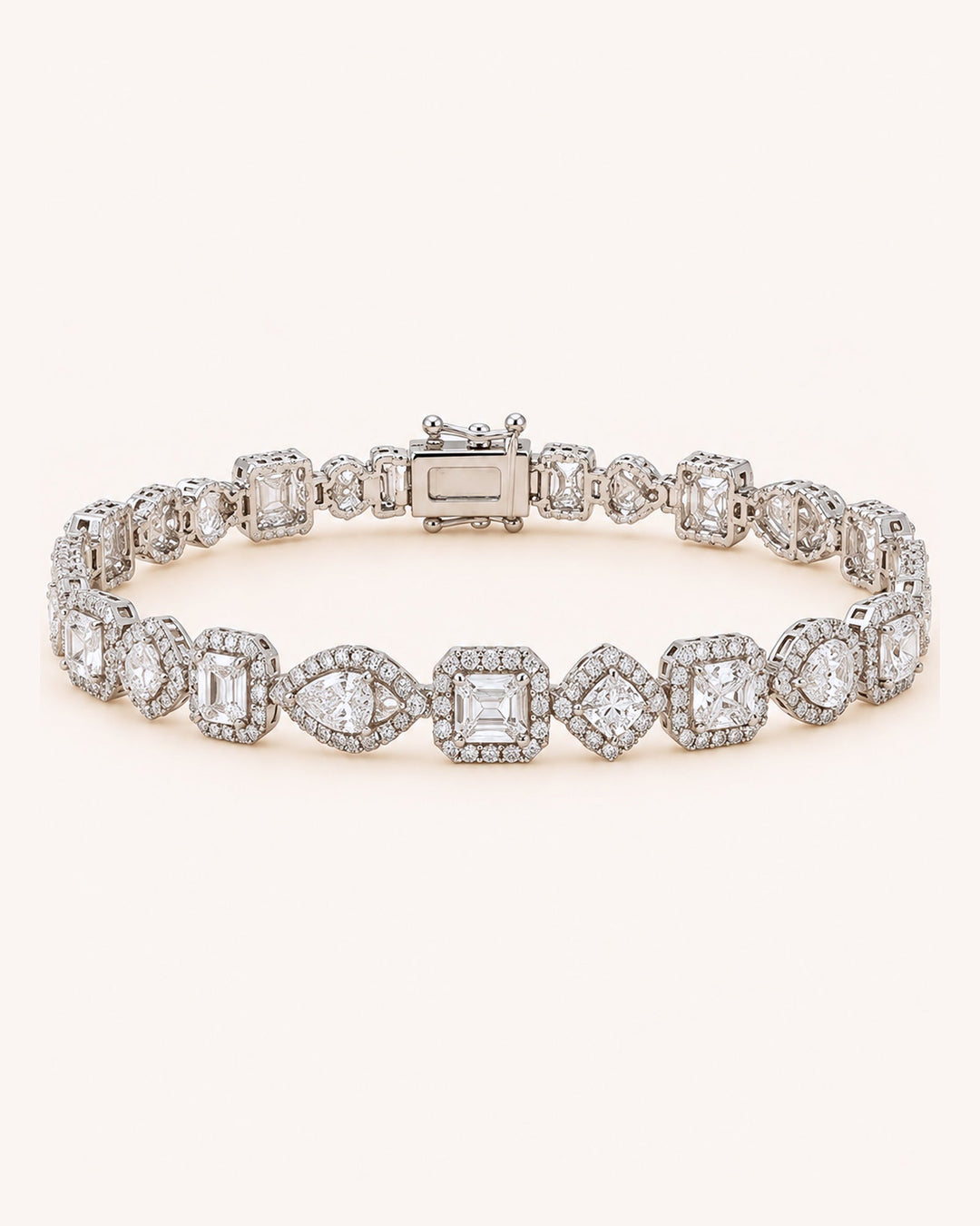 Fancy Shape Halo Lab-Grown Diamond Tennis Bracelet on GeMMs & Co. cream background