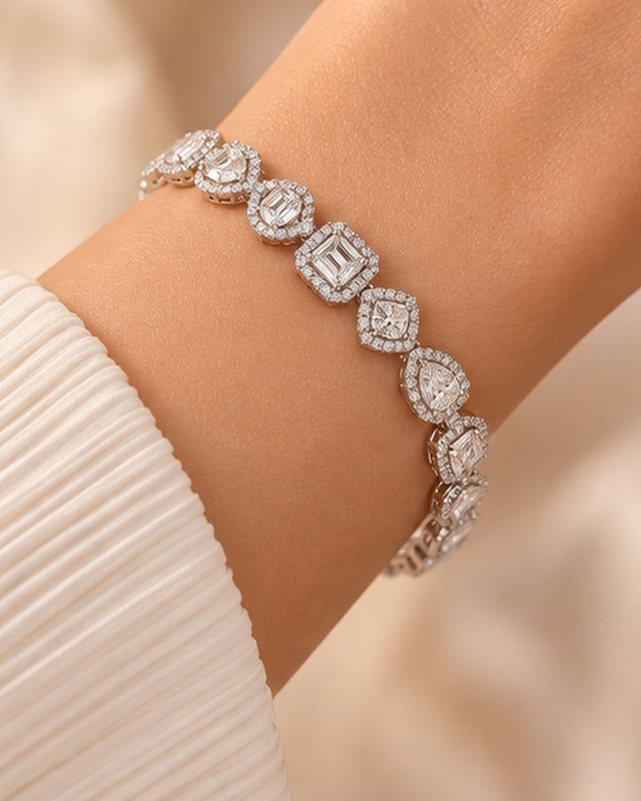 Fancy Shape Halo lab-grown diamond tennis bracelet worn on wrist