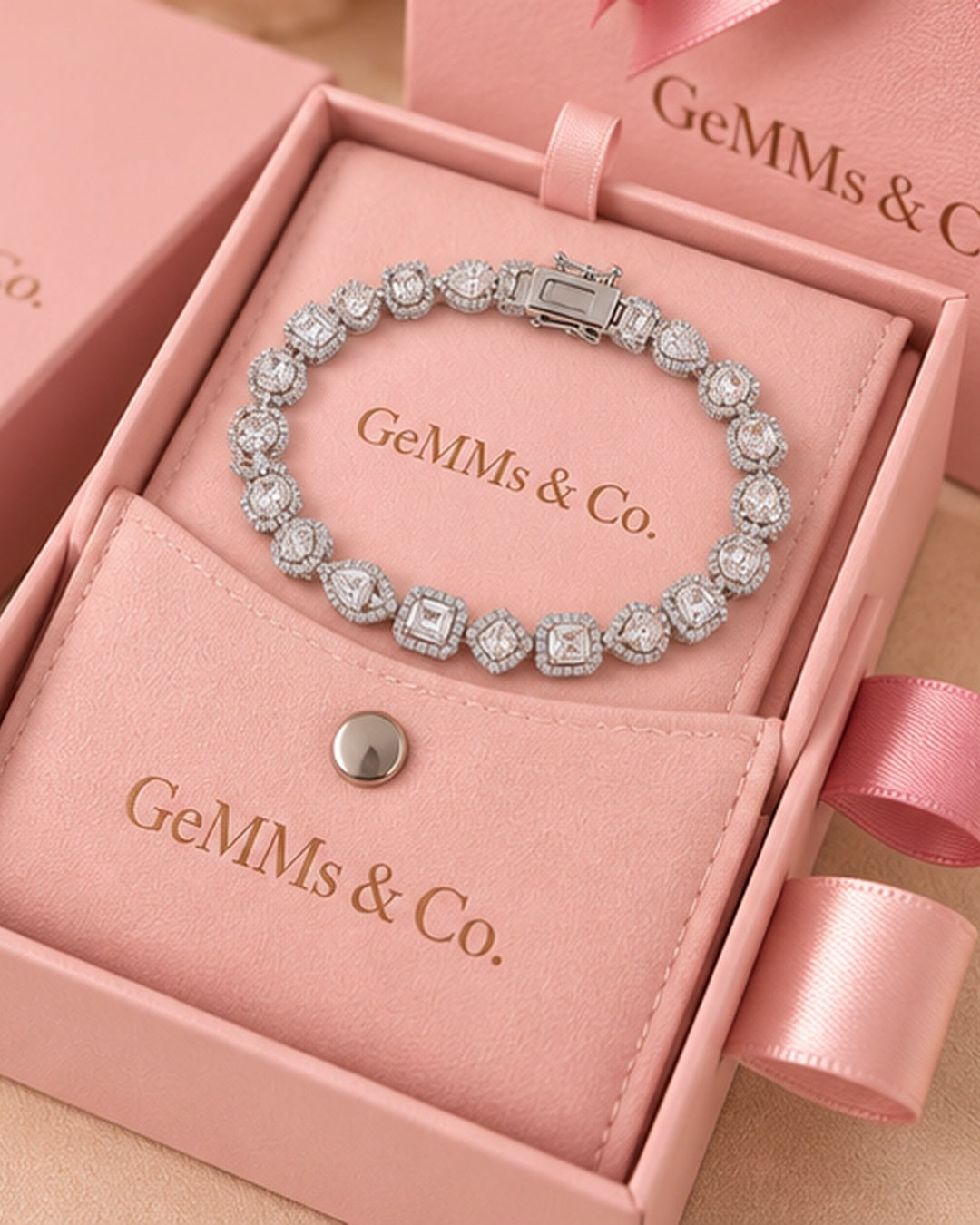 Fancy Shape Halo lab-grown diamond tennis bracelet in GeMMs & Co. luxury pink packaging