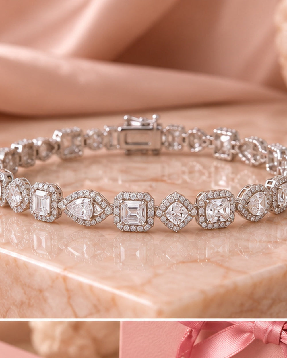 Fancy Shape Halo lab-grown diamond tennis bracelet styled on blush satin