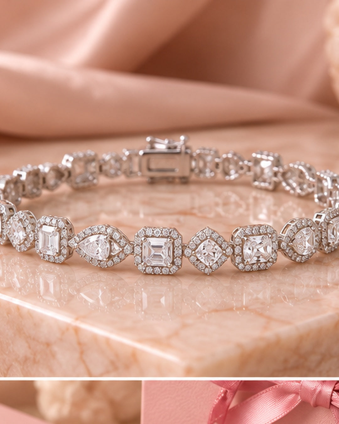Fancy Shape Halo lab-grown diamond tennis bracelet styled on blush satin