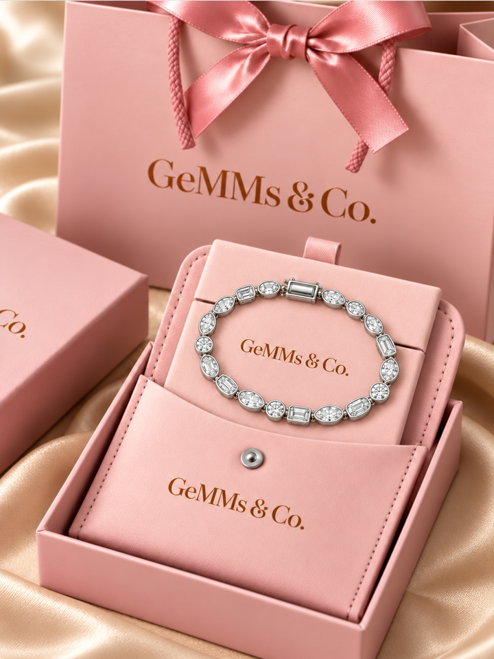 Fancy Shaped Rub Over Lab-Grown Diamond Tennis Bracelet in GeMMs & Co. blush pink luxury packaging