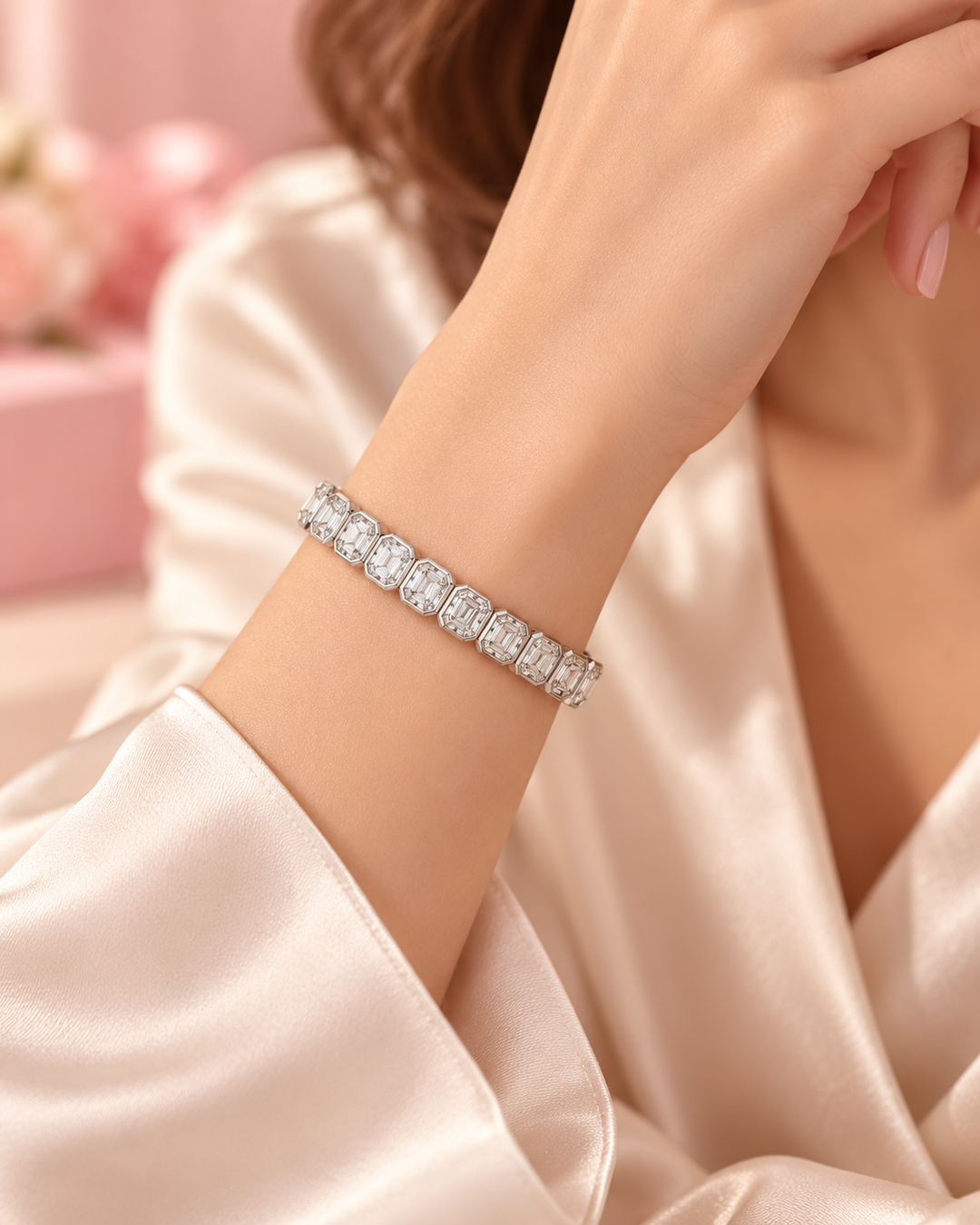 Fancy Shaped Rub Over Lab-Grown Diamond Tennis Bracelet in white gold worn on wrist