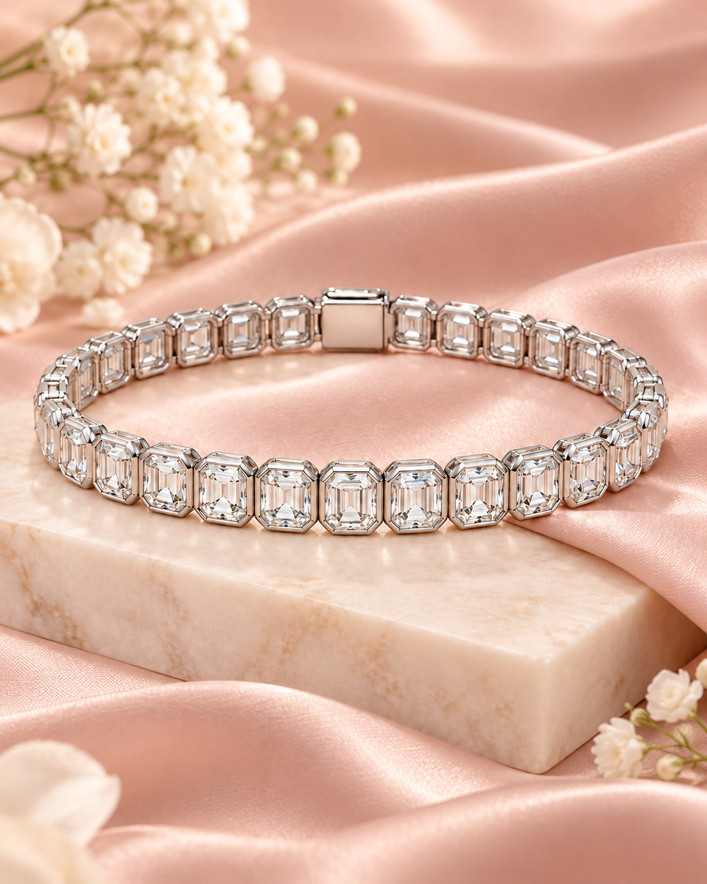 Fancy Shaped Rub Over Lab-Grown Diamond Tennis Bracelet in white gold styled on blush satin