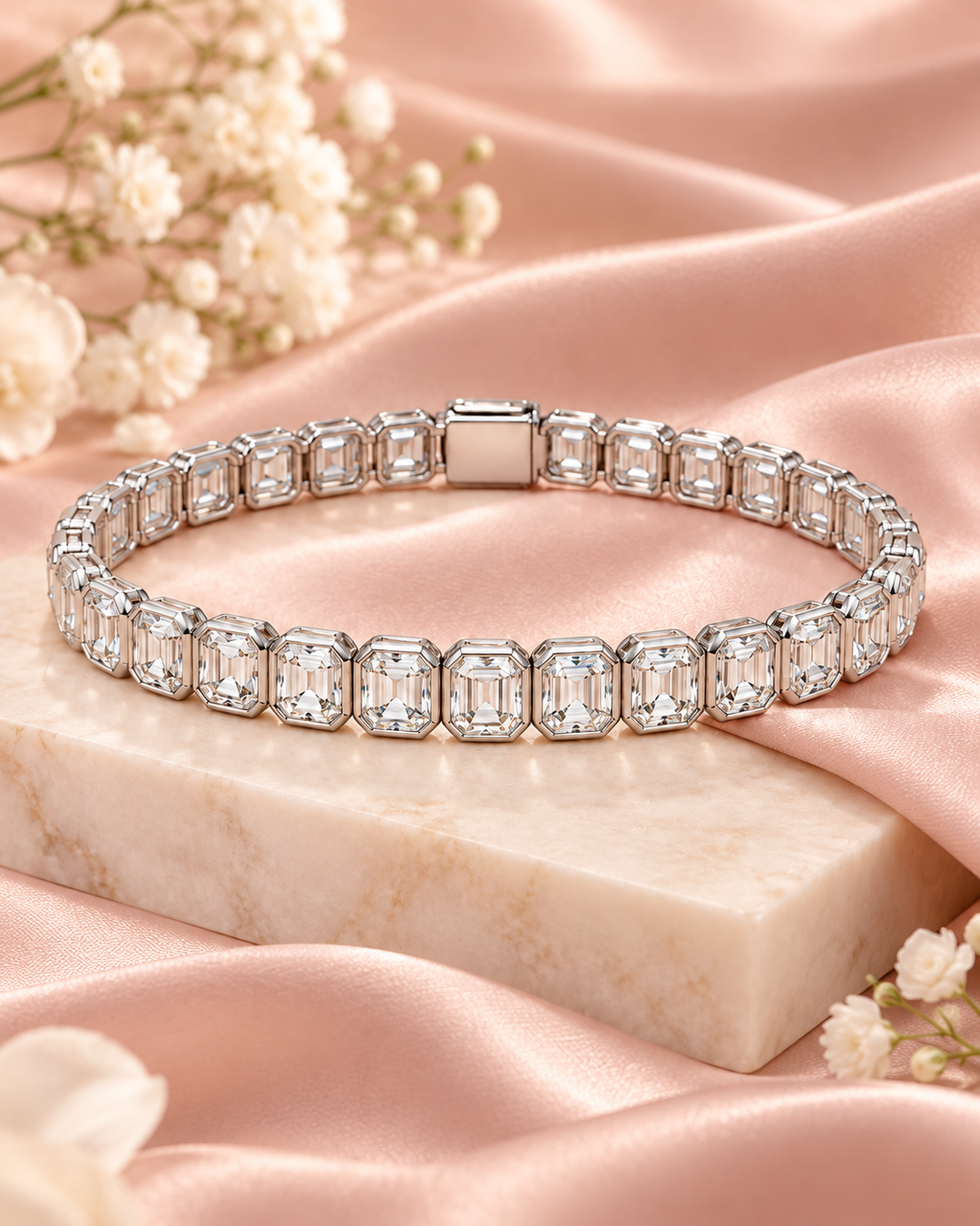 Fancy Shaped Rub Over Lab-Grown Diamond Tennis Bracelet in white gold styled on blush satin