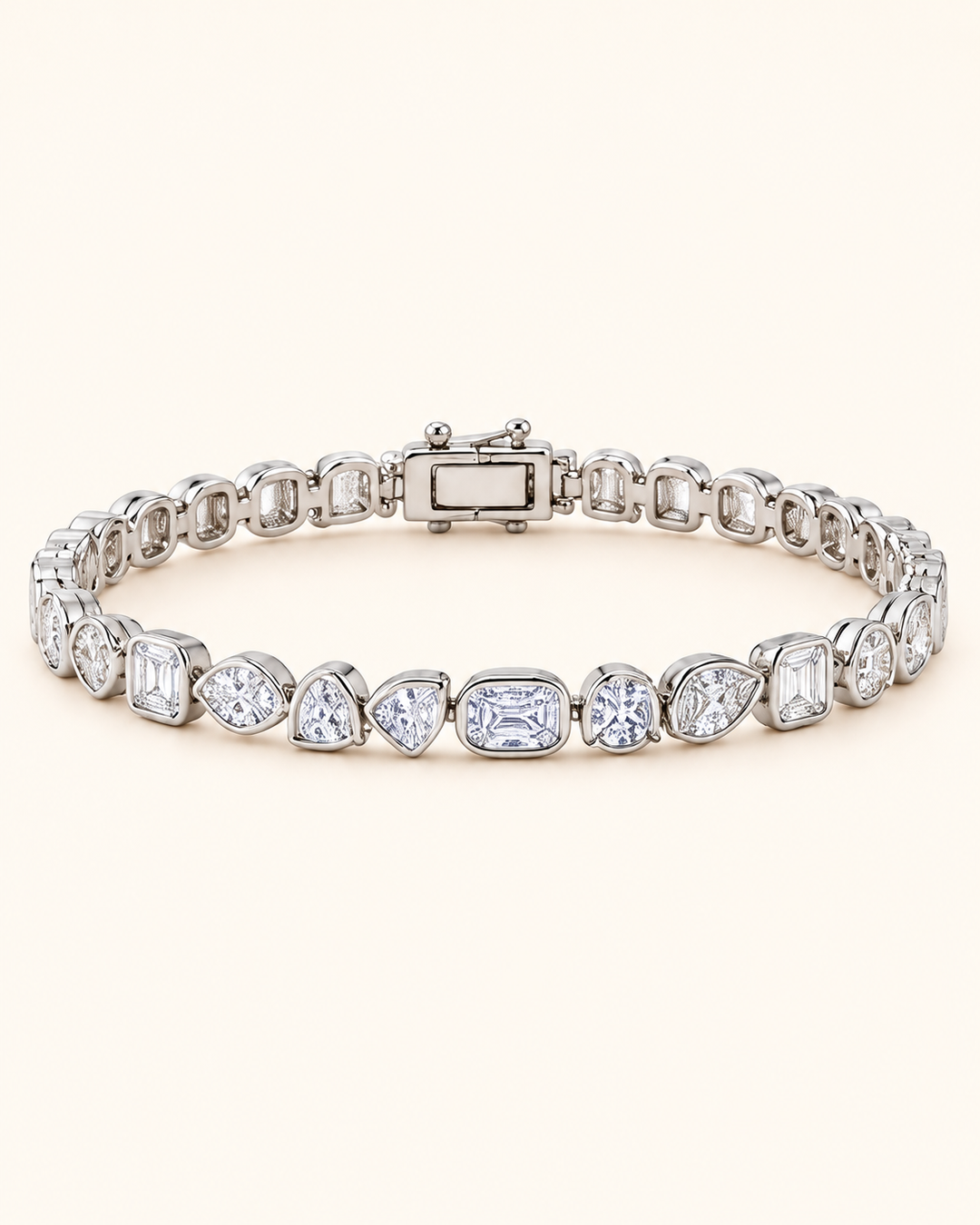 Fancy Shaped Rub Over Lab-Grown Diamond Tennis Bracelet on full cream background