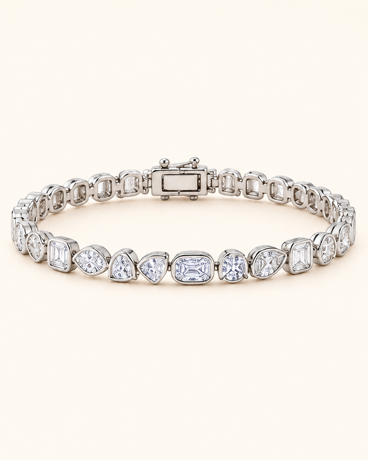 Fancy Shaped Rub Over Lab-Grown Diamond Tennis Bracelet on full cream background