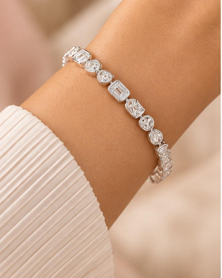 Fancy Shaped Rub Over lab-grown diamond tennis bracelet worn on wrist