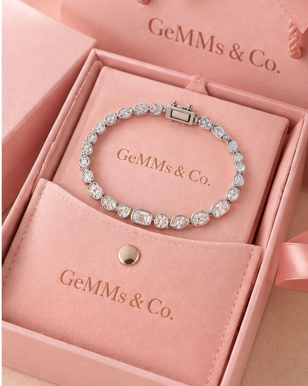 Fancy shaped rub-over lab-grown diamond tennis bracelet in GeMMs & Co. luxury pink packaging
