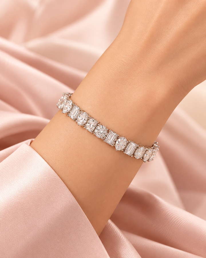 Fancy Shaped lab-grown diamond tennis bracelet worn on wrist