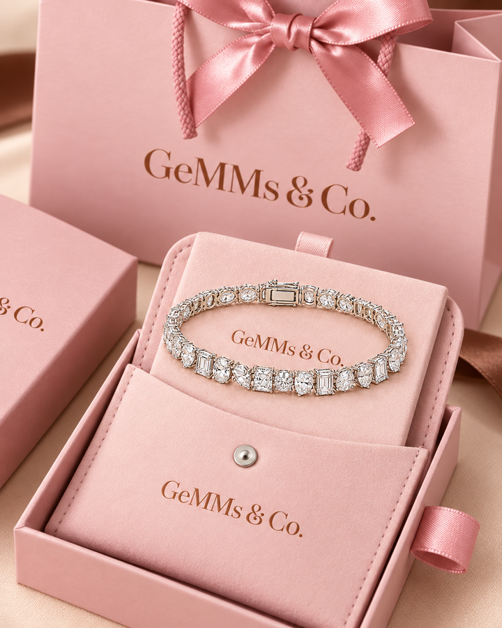 Fancy Shaped lab-grown diamond tennis bracelet in GeMMs & Co. luxury pink packaging