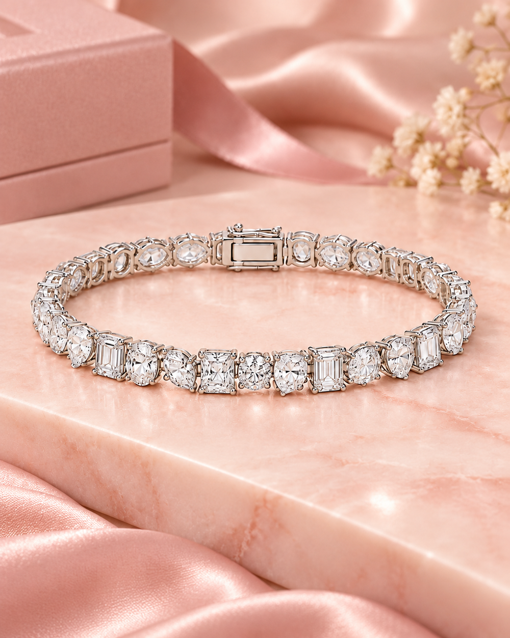 Fancy Shaped lab-grown diamond tennis bracelet on blush marble and satin