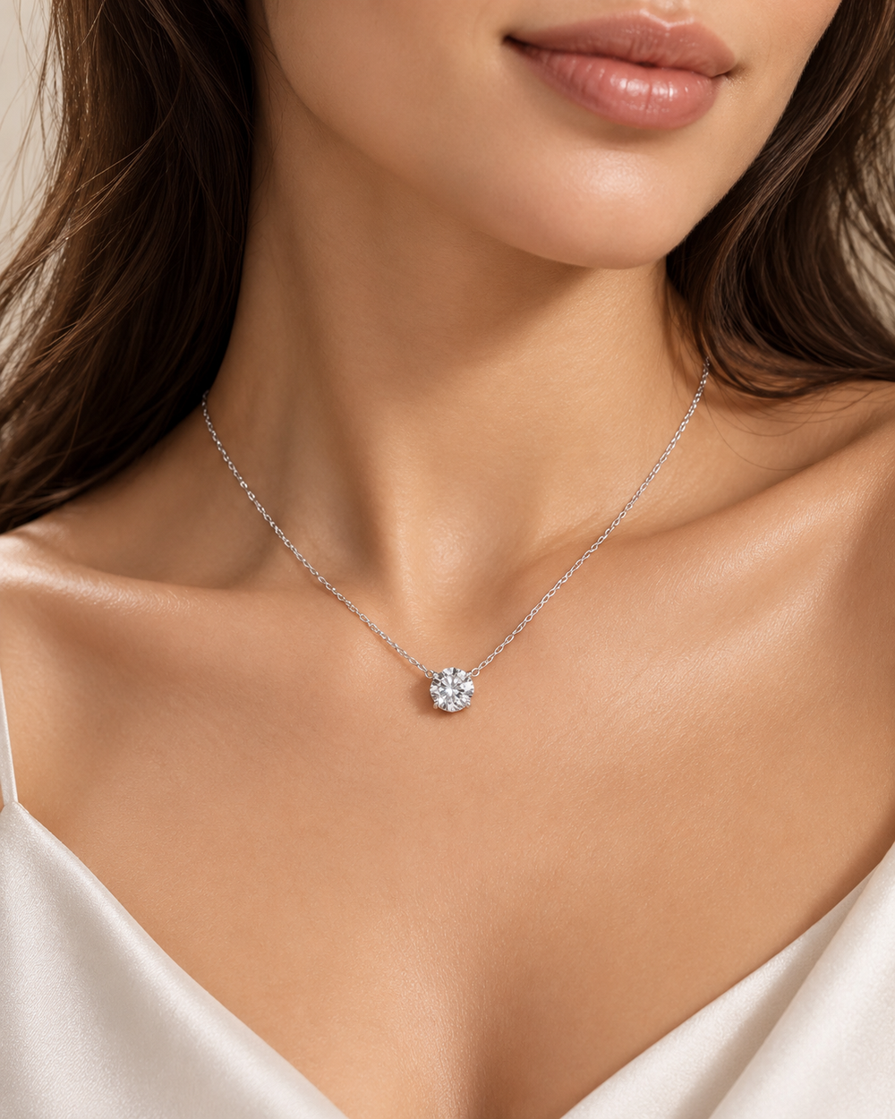 Floating solitaire necklace in 9ct White Gold worn on model #metal_9ct-white-gold