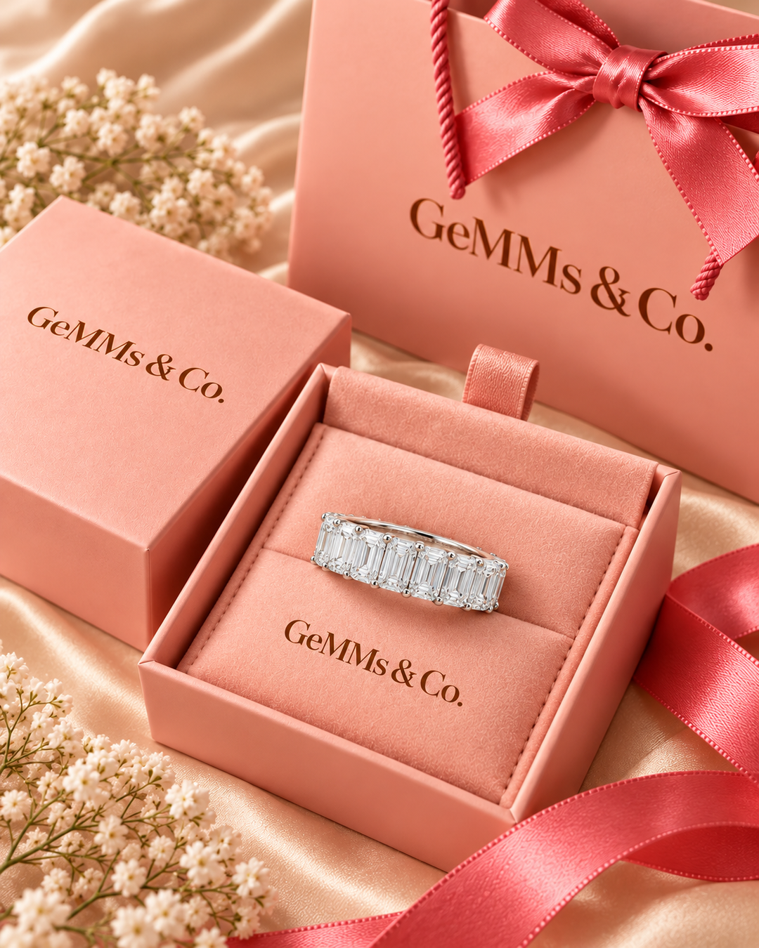 1.75ct emerald-cut lab-grown diamond ring in natural GeMMs & Co pink luxury packaging — styled illustration