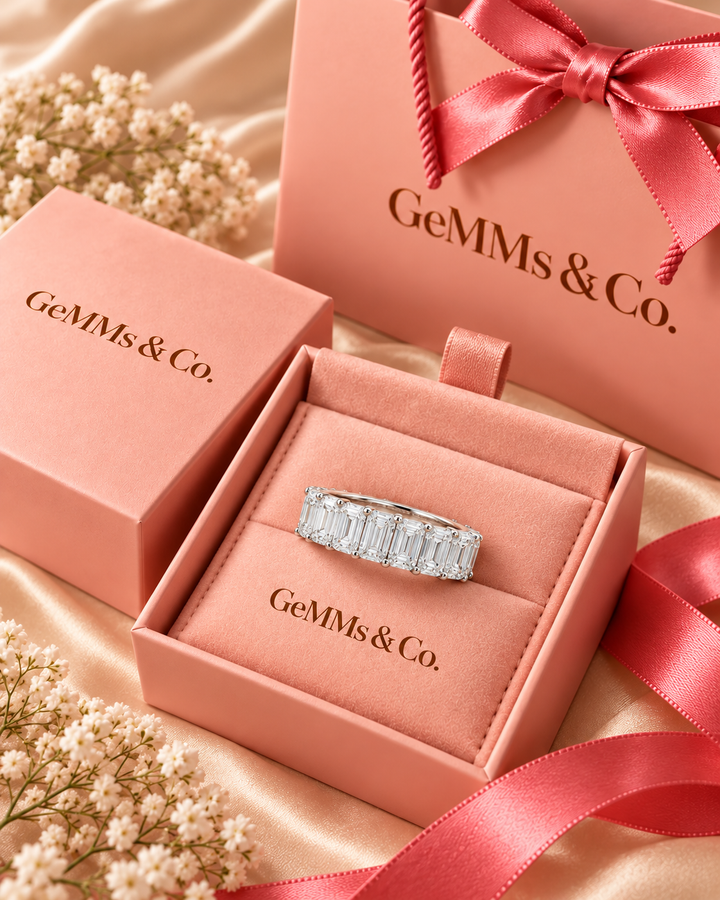 1.75ct emerald-cut lab-grown diamond ring in natural GeMMs & Co pink luxury packaging — styled illustration