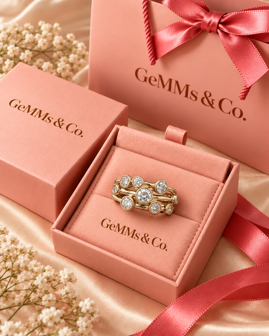 1.78ct lab-grown diamond bubble ring in 9ct yellow gold inside GeMMs & Co pink luxury gift packaging — AI-styled photograph #metal_9ct-yellow-gold