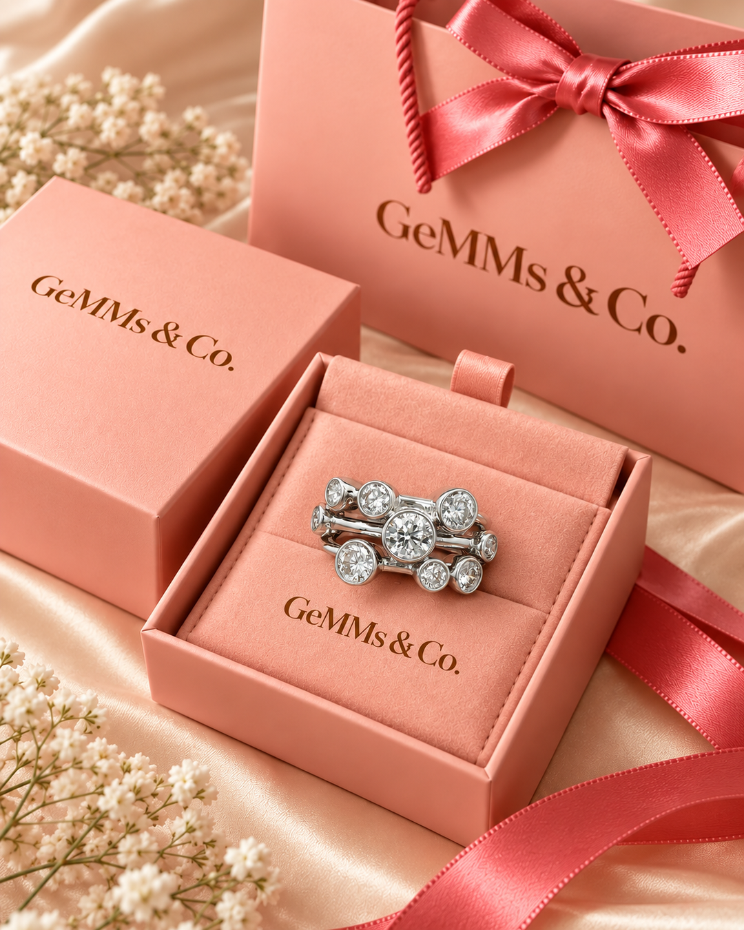 1.80ct lab-grown diamond bubble ring in 9ct white gold inside GeMMs & Co pink luxury gift packaging — AI-styled photograph #metal_9ct-white-gold
