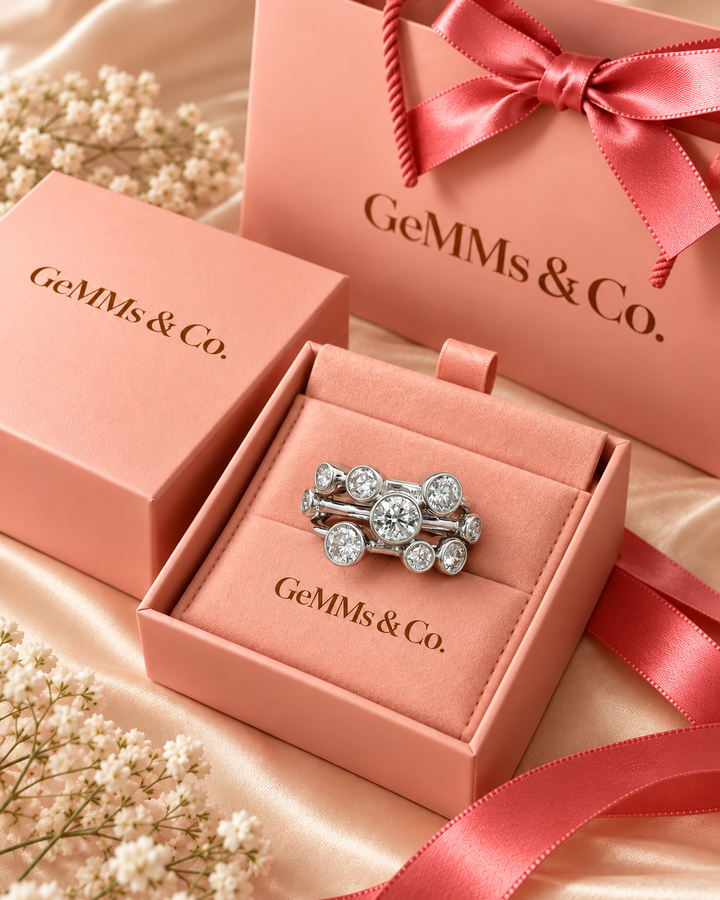 1.80ct lab-grown diamond bubble ring in 9ct white gold inside GeMMs & Co pink luxury gift packaging — AI-styled photograph #metal_9ct-white-gold