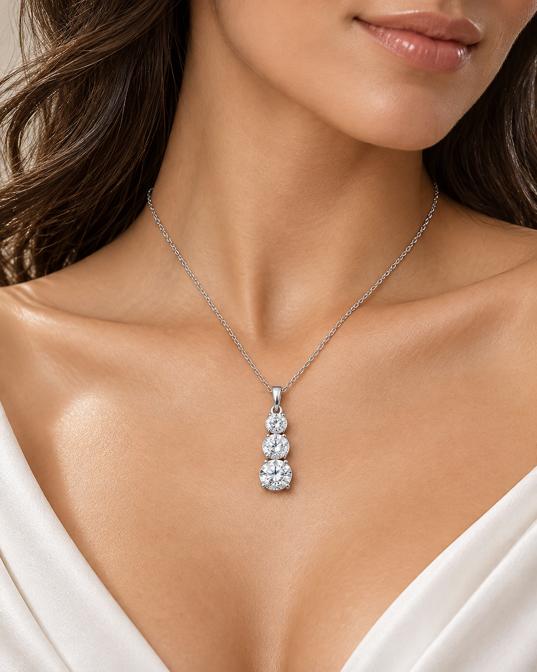 2.24ct diamond trilogy pendant styled with chain on model; chain pictured for illustration #metal_9ct-white-gold