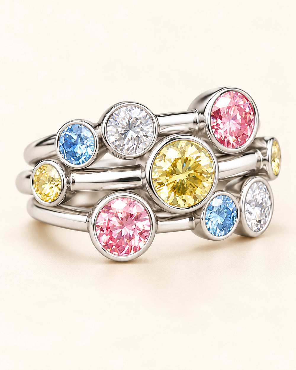 Multi-coloured lab-grown diamond bubble ring alternate angle #metal_9ct-white-gold