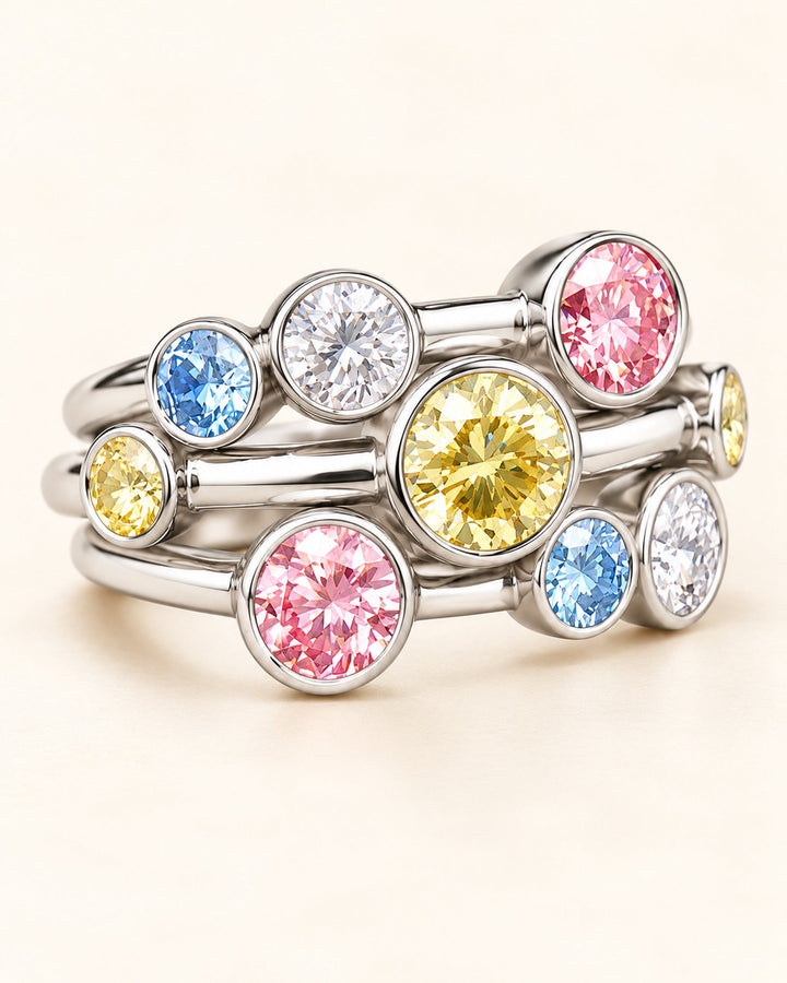 Multi-coloured lab-grown diamond bubble ring alternate angle #metal_9ct-white-gold