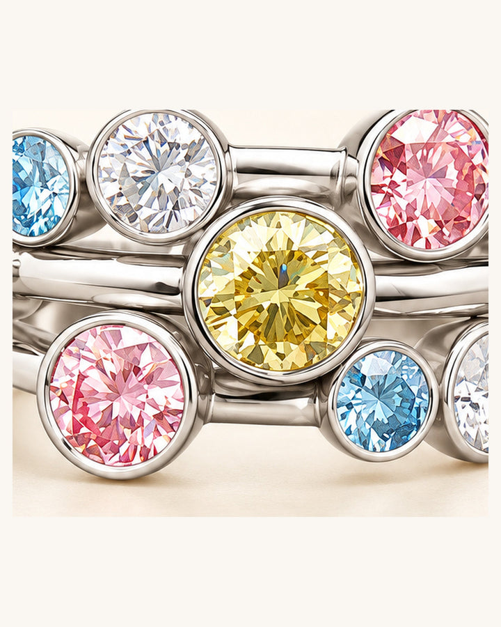 Multi-coloured lab-grown diamond bubble ring bezel-set detail #metal_9ct-white-gold