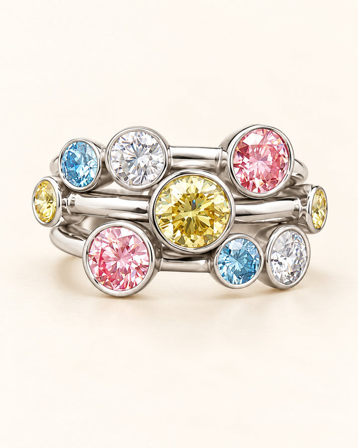 Multi-coloured lab-grown diamond bubble ring cream product image #metal_9ct-white-gold