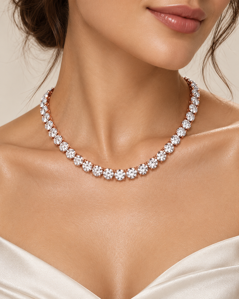 39.25ct 9ct rose gold lab-grown diamond line necklace styled on model #metal_9ct-rose-gold