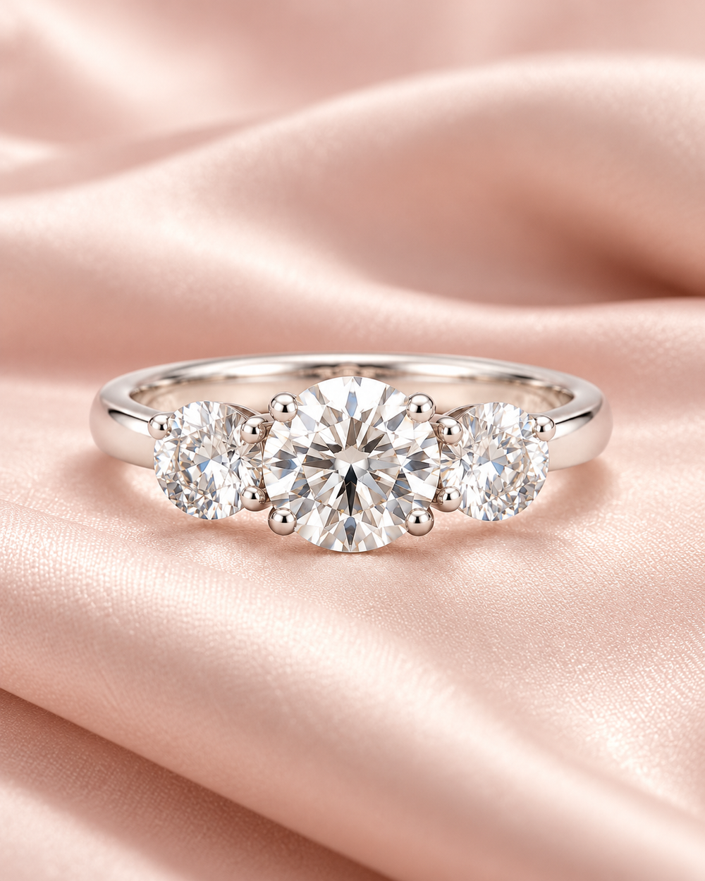 Three-stone lab-grown diamond ring in 9ct white gold on blush satin — AI-styled photograph