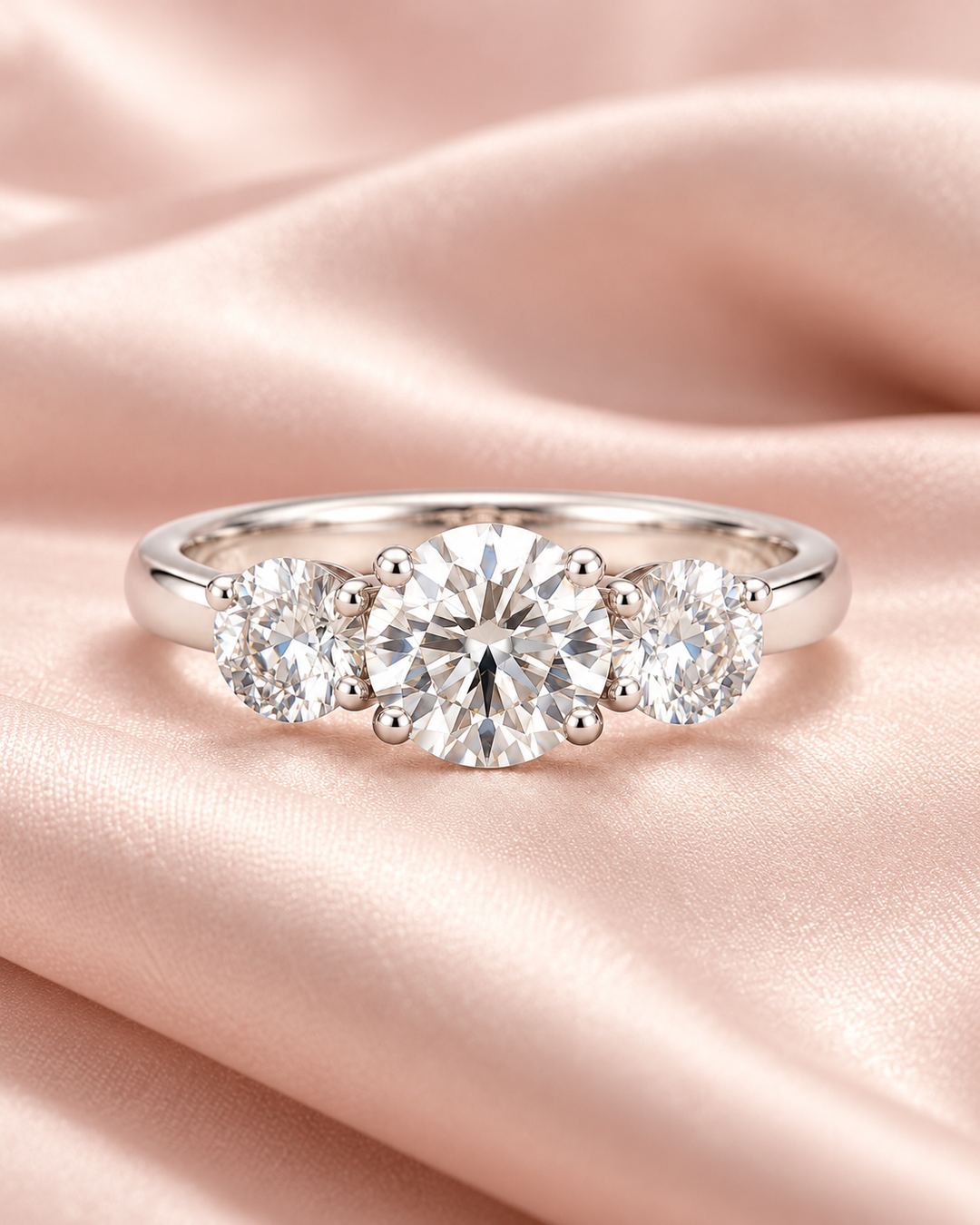 Three-stone lab-grown diamond ring in 9ct white gold on blush satin — AI-styled photograph