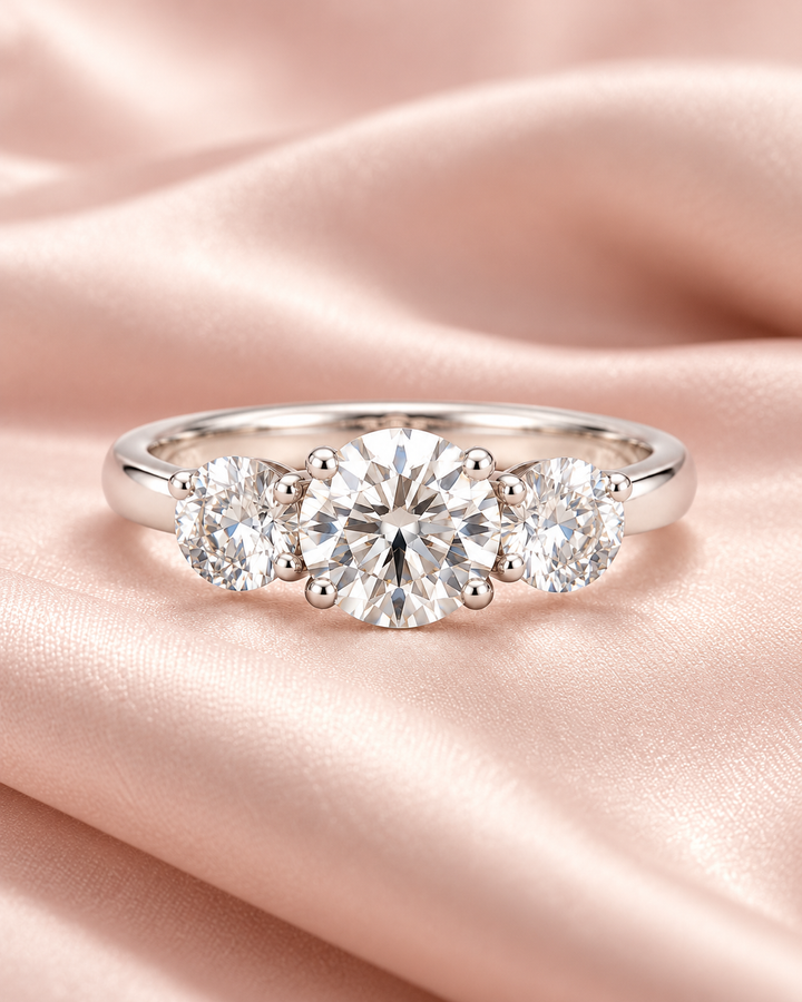Three-stone lab-grown diamond ring in 9ct white gold on blush satin — AI-styled photograph