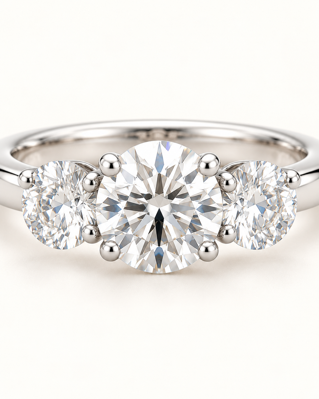 Close-up of three-stone lab-grown diamond ring in 9ct white gold — AI-styled photograph