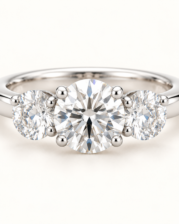 Close-up of three-stone lab-grown diamond ring in 9ct white gold — AI-styled photograph