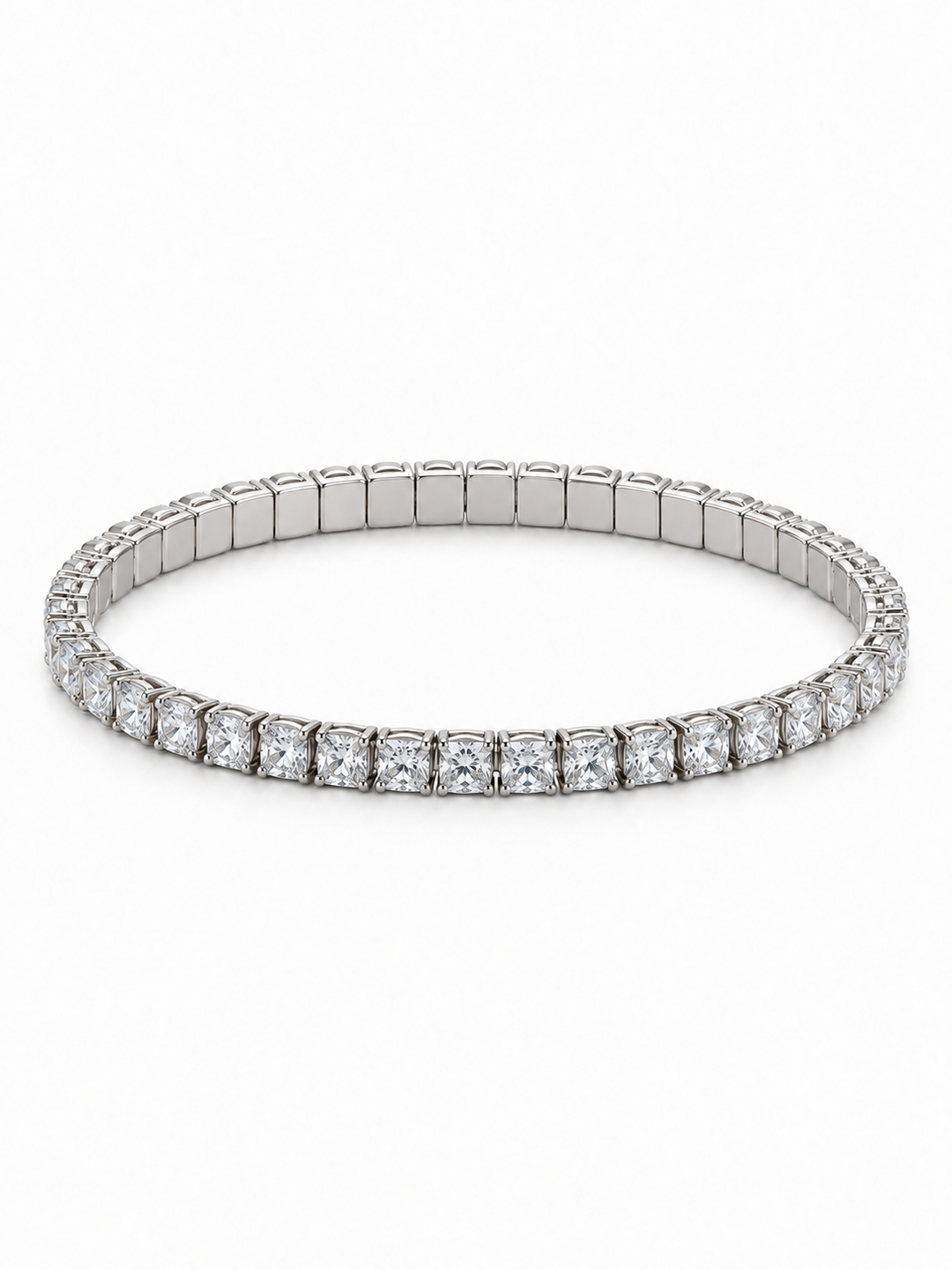 Illustrative rendering of 925 silver stretch tennis bracelet with square CZ stones and smooth solid square backs on white background
