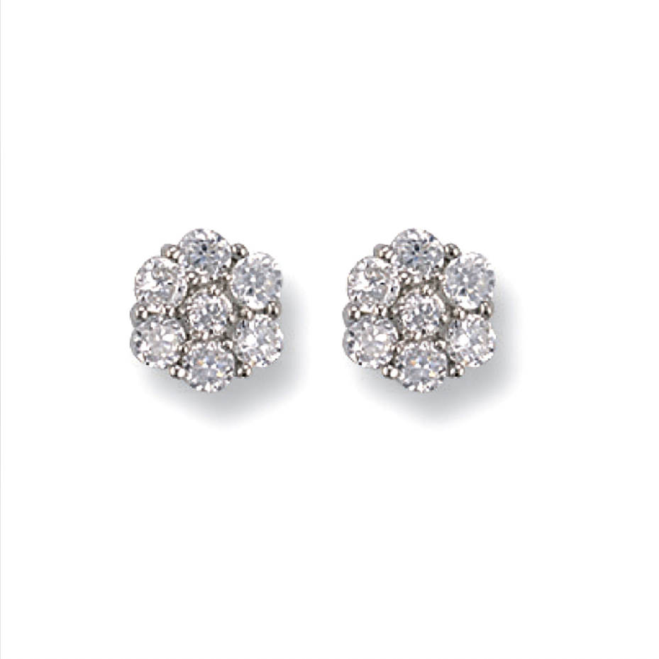 9ct white gold 9mm CZ cluster flower stud earrings, front view on white background