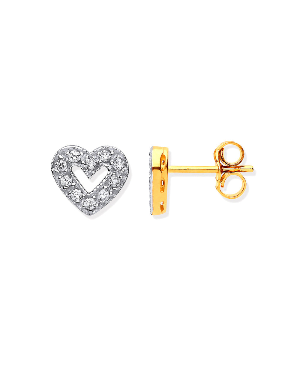 9ct yellow gold CZ open heart stud earrings with butterfly fastening – exact photograph showing face and side views