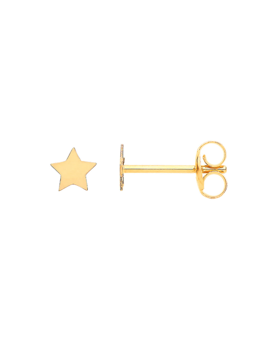 9ct yellow gold tiny plain star stud earrings photographed on white showing five-point star front and butterfly fastening, exact supplier photograph