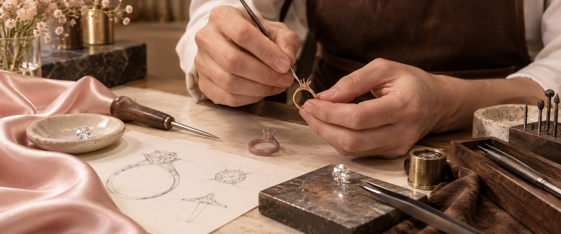 A bespoke engagement ring being designed and handcrafted