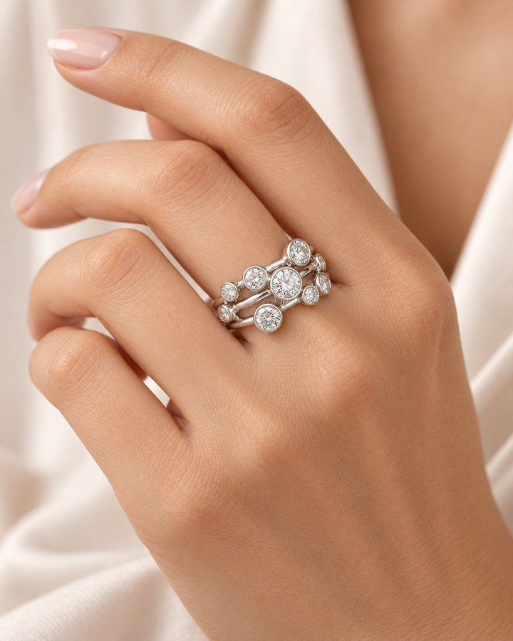 Model hand wearing GeMMs & Co 9ct white gold lab-grown diamond bubble ring — illustrative lifestyle photograph #metal_9ct-white-gold