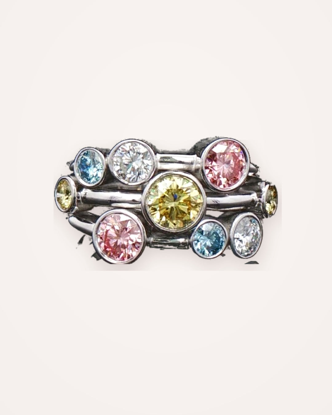 Multicoloured 2ct lab-grown diamond bubble ring on cream #metal_9ct-white-gold