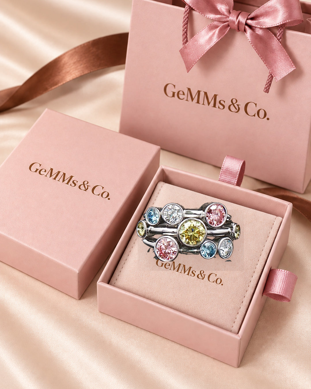 Same multicoloured diamond bubble ring in GeMMs & Co branded pink jewellery box #metal_9ct-white-gold