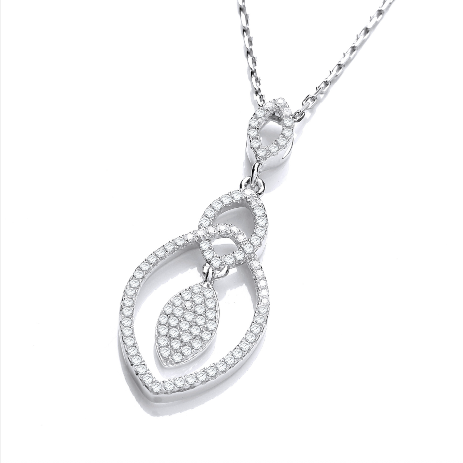Silver micro pavé teardrop pendant with 18-inch chain on white background, original supplier photograph
