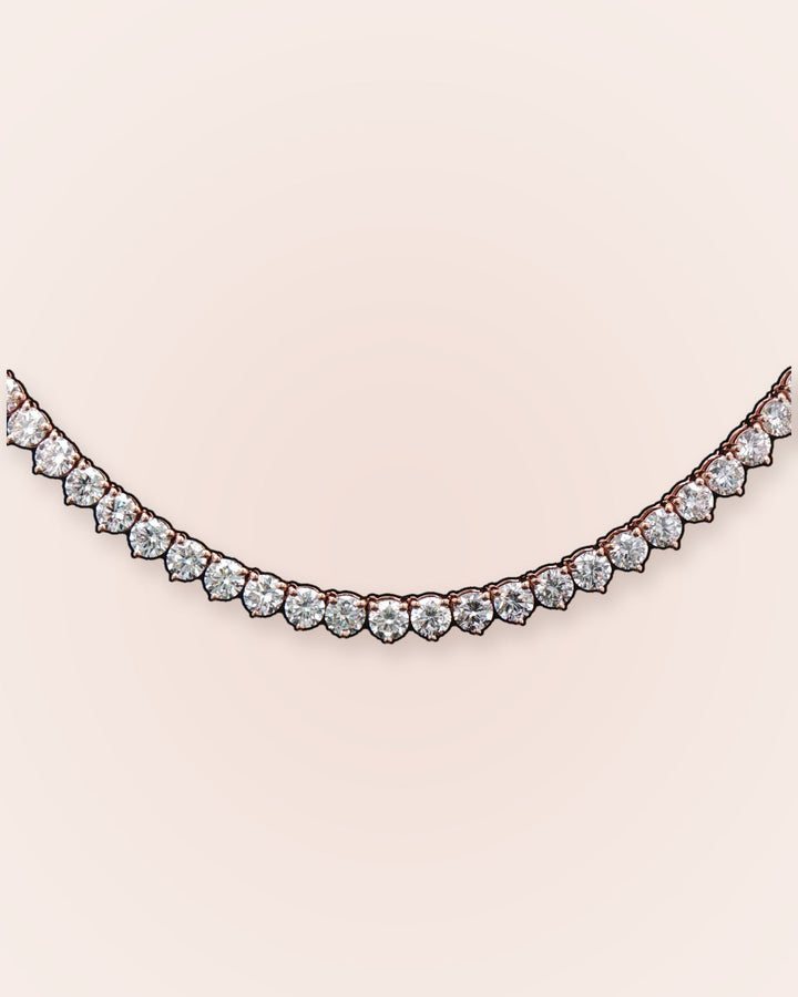 25.01ct 9ct rose-gold three-prong lab-grown diamond tennis necklace, soft blush styled photograph #metal_9ct-rose-gold